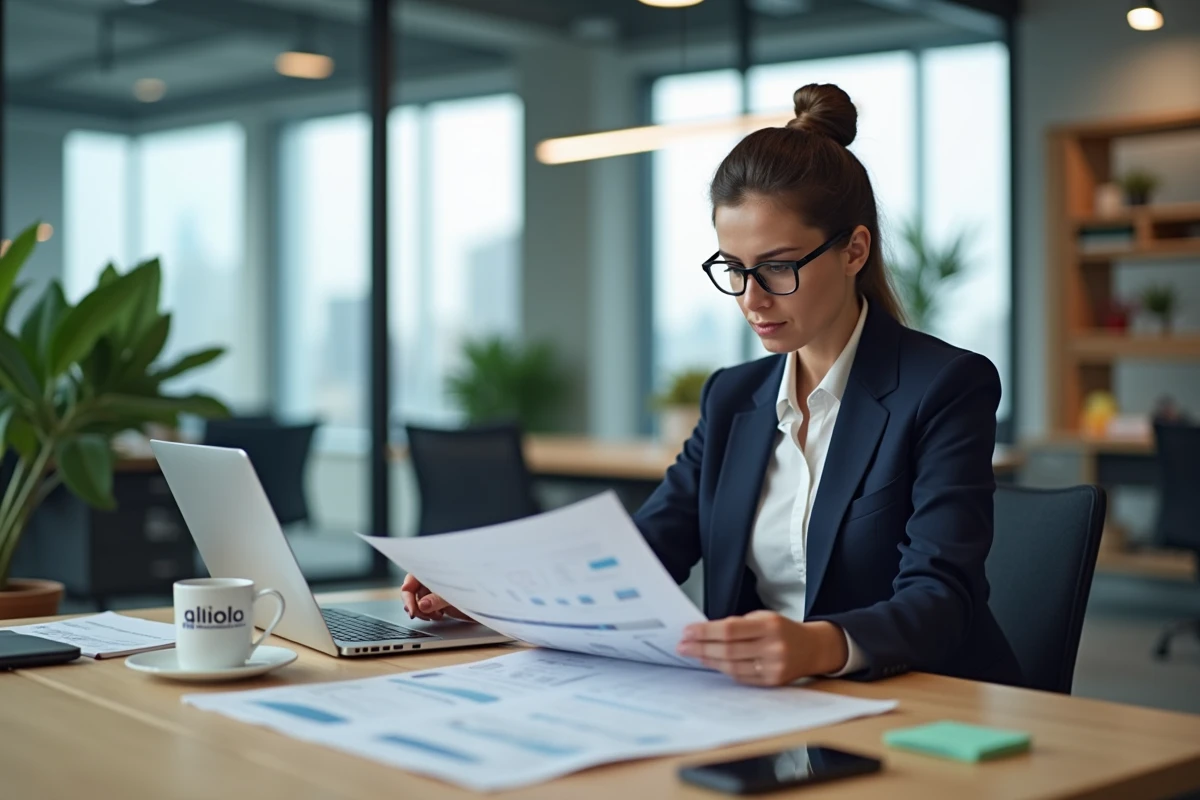 Femme professionnelle analysant des ressources business sur un bureau moderne en open space avec un ordinateur portable et des rapports imprimés