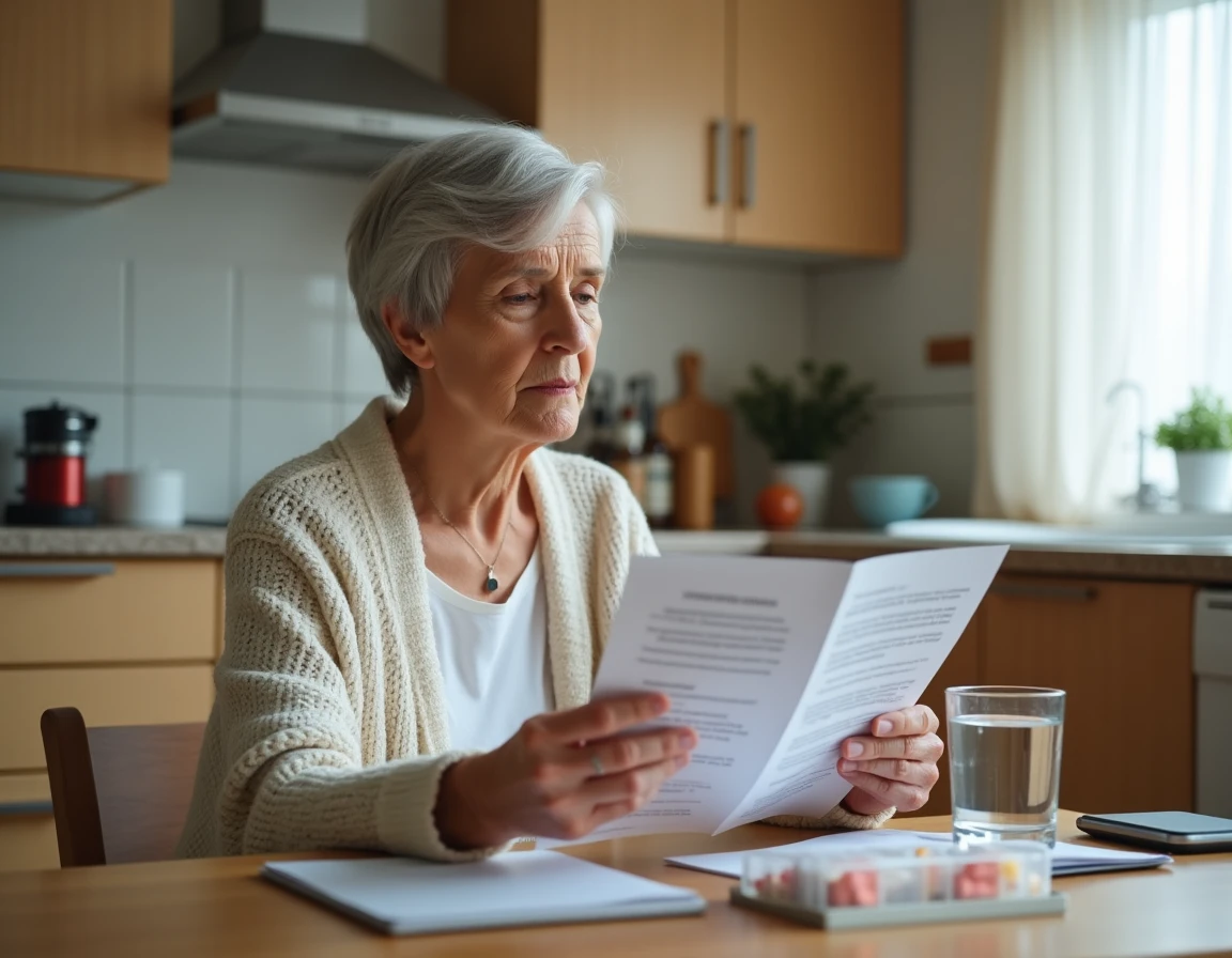 Femme senior lisant une brochure médicale sur les troubles urologiques féminins, avec des médicaments et des notes sur une table de cuisine