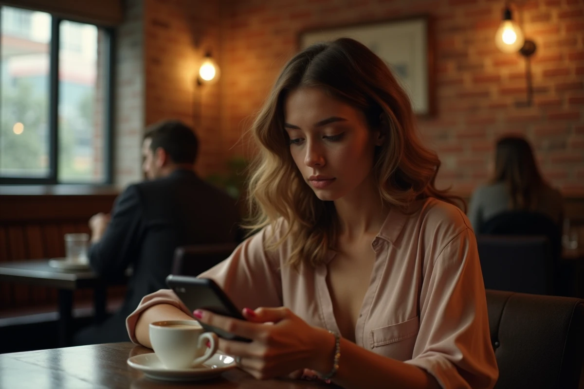 Une femme seule dans un restaurant chic consulte son téléphone d'un air pensif, évoquant la solitude après une rupture sentimentale médiatisée