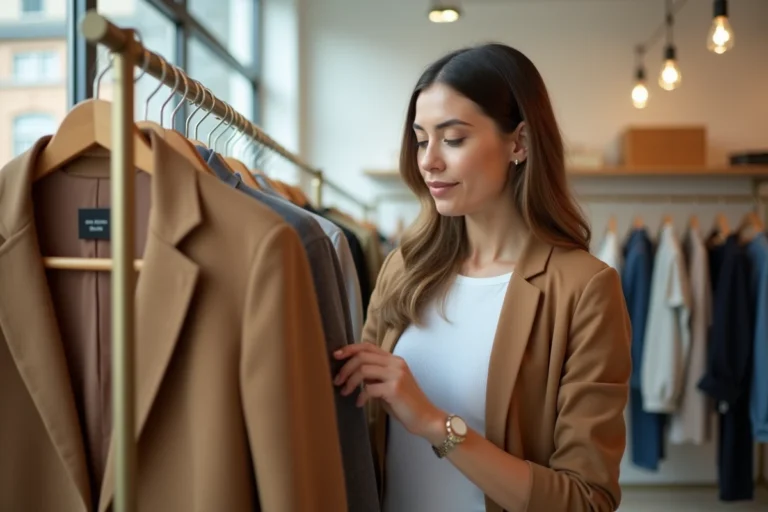 Femme élégante feuilletant des vêtements tendance sur un portant dans une boutique de mode moderne