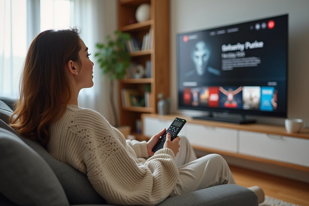 Jeune femme parcourant une plateforme de streaming gratuit sur sa télévision depuis son canapé