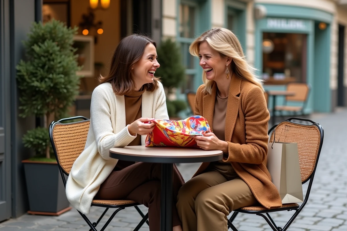 Deux femmes découvrant de nouvelles pièces de mode lors d'une pause shopping en terrasse de café