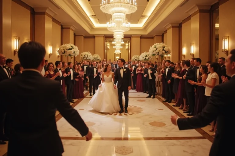 Flashmob de mariage dans une grande salle de réception avec des invités en tenue de fête qui dansent spontanément