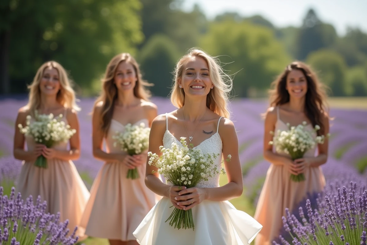 Demoiselles d'honneur tenant des bouquets de fleurs sauvages dansent avec assurance dans un jardin ensoleillé lors d'un flashmob