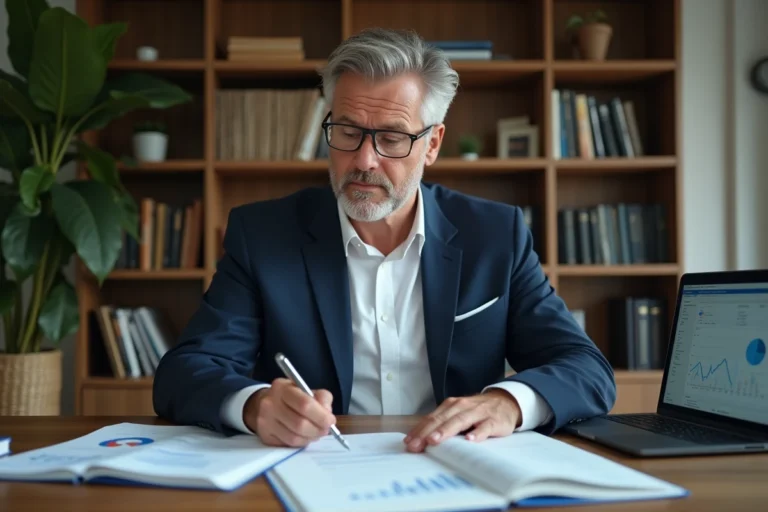 Homme d'affaires en costume navy analysant des documents financiers dans un bureau moderne, illustrant la gestion de patrimoine