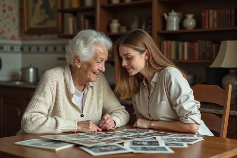 Grand-mère et petite-fille qui regardent ensemble des photos de famille anciennes sur une table en bois, transmission de la mémoire familiale