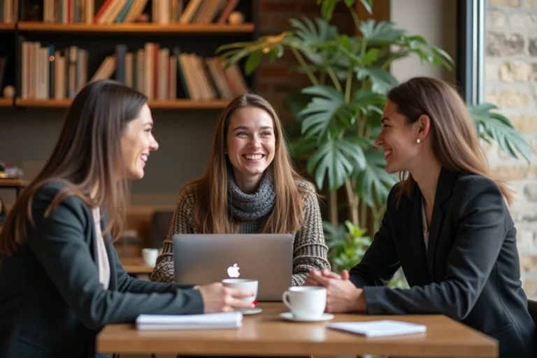 Trois jeunes adultes souriants autour d'une table de café