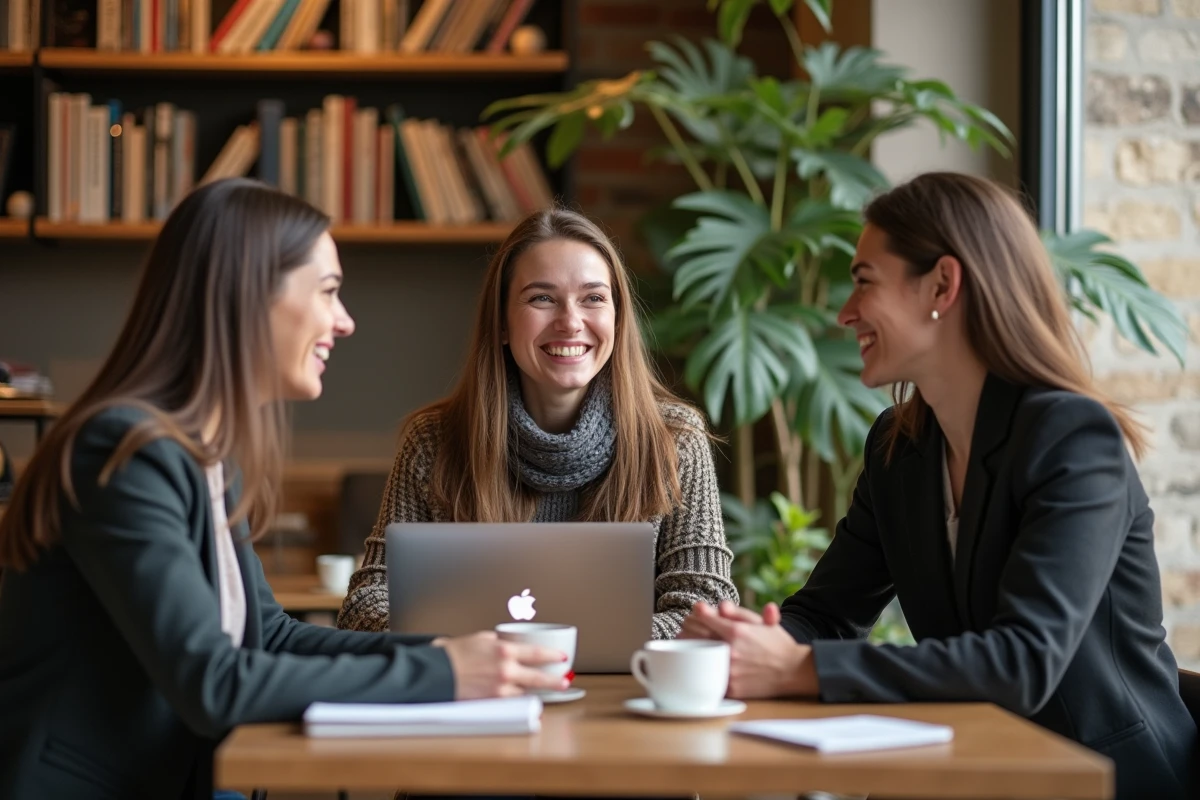 Trois jeunes adultes souriants autour d'une table de café