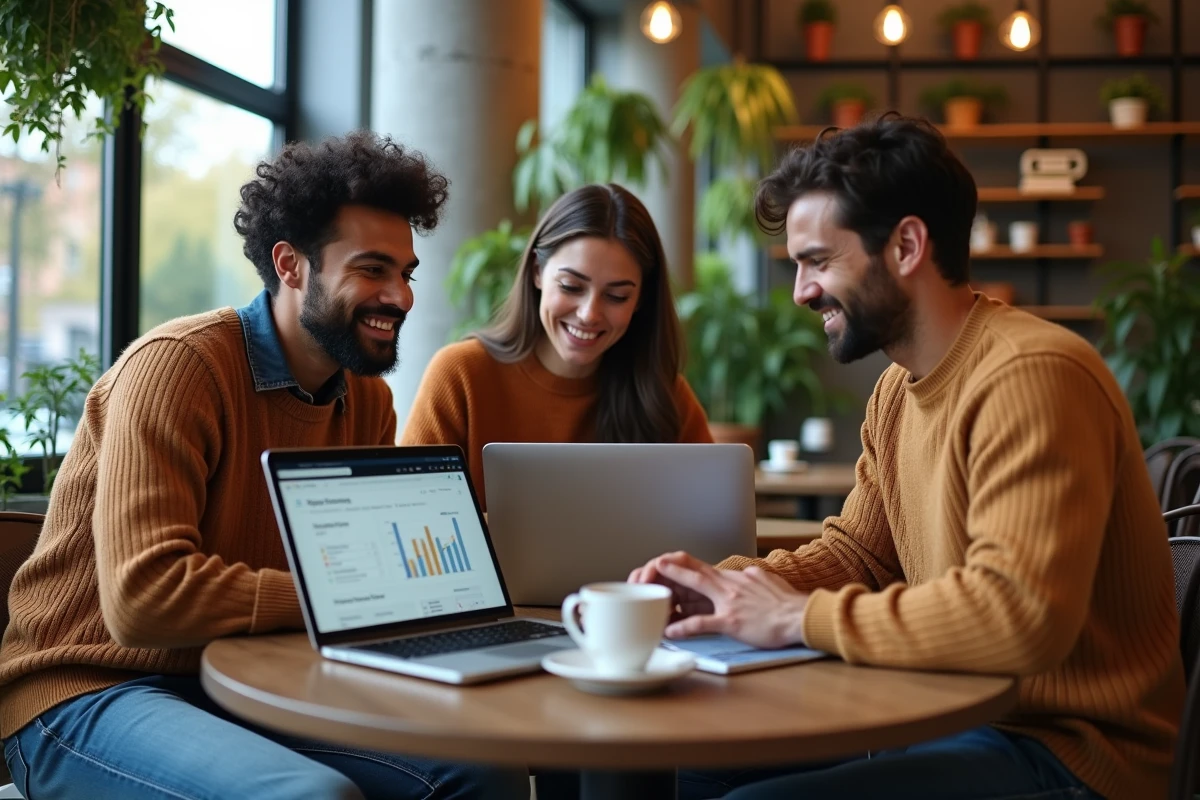 Groupe de jeunes professionnels collaborant autour de laptops dans un café urbain pour optimiser leur présence en ligne