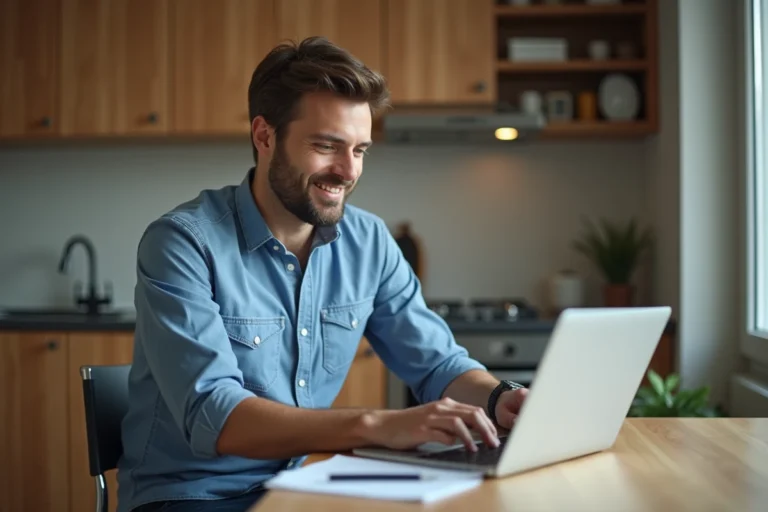 Homme souriant utilisant un ordinateur dans une cuisine moderne