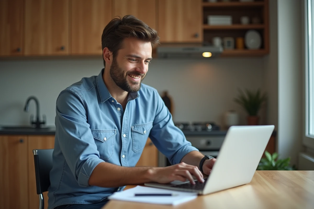 Homme souriant utilisant un ordinateur dans une cuisine moderne