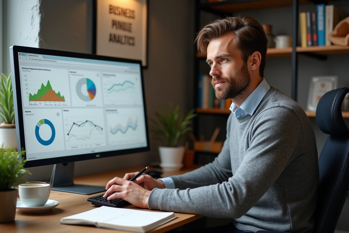 Homme travaillant depuis son bureau à domicile avec des tableaux de bord analytiques et des livres de ressources business pour booster son activité