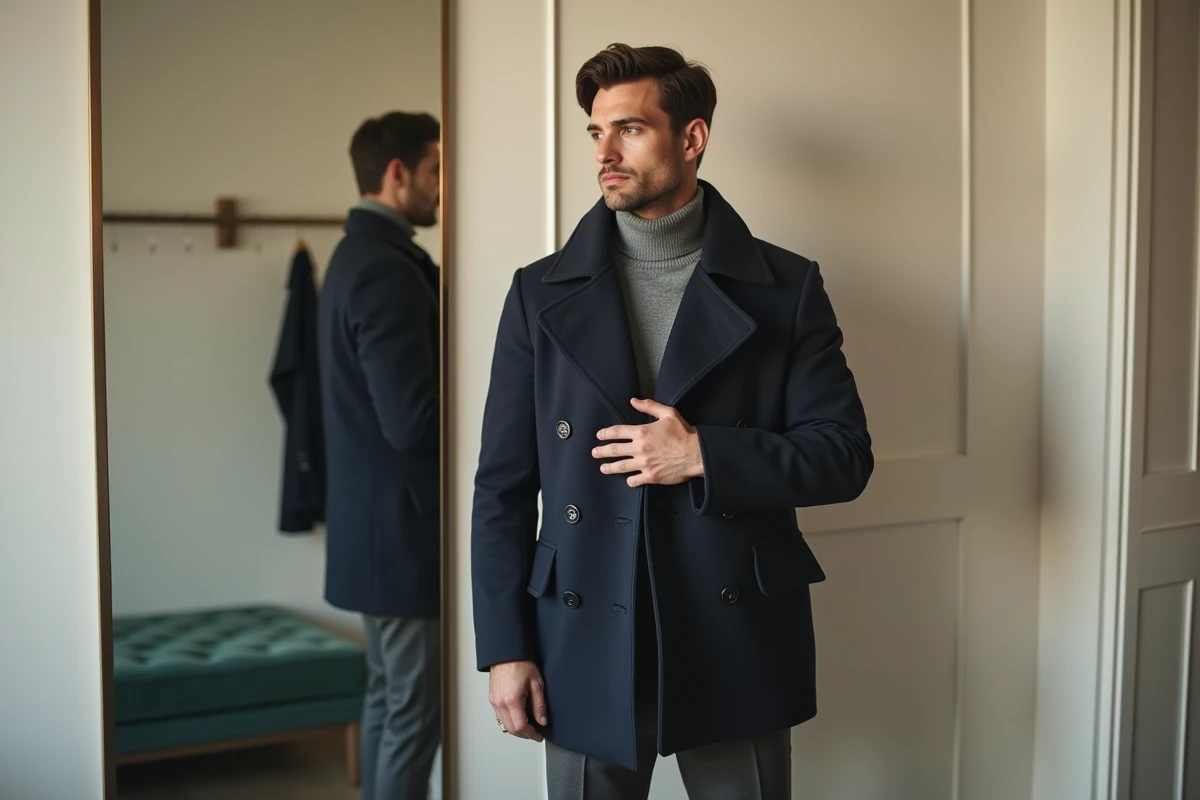 Homme essayant un manteau élégant dans une cabine d'essayage haut de gamme d'une boutique de mode