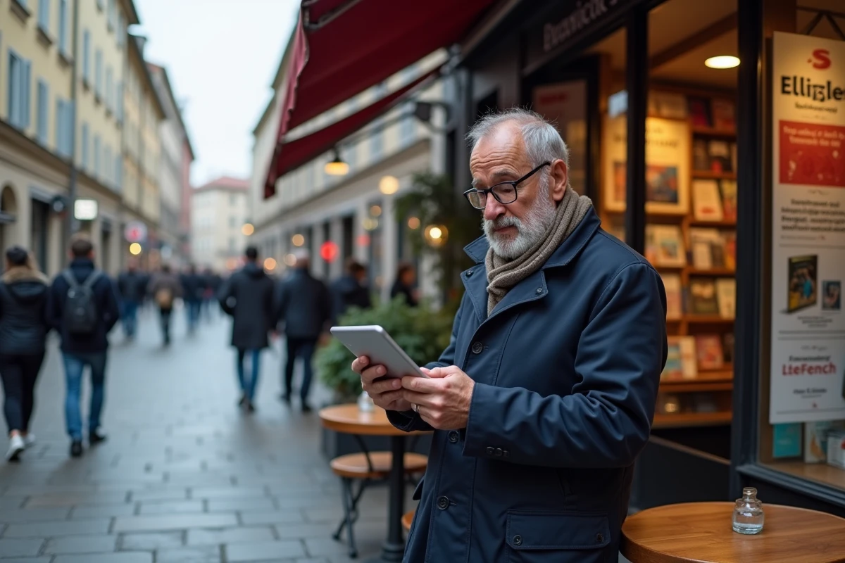 Homme en extérieur téléchargeant un livre sur sa tablette