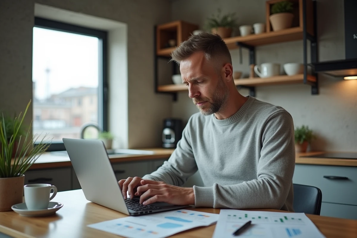 Homme calculant la rentabilité d'un investissement immobilier sur un ordinateur portable dans un appartement rénové