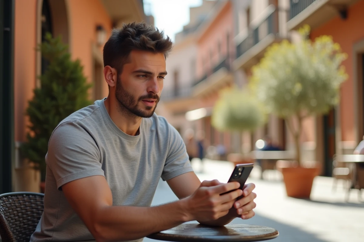 Homme consultant une comparaison de prix Zara sur son smartphone dans un café en Espagne