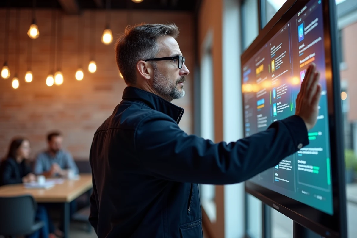 Homme d'affaires interagissant avec un écran tactile affichant des interfaces web modernes dans un espace de coworking