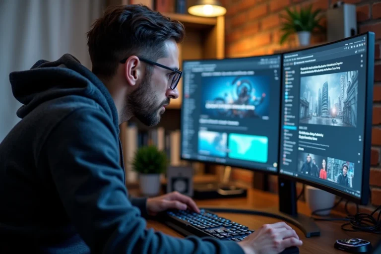 Homme geek concentré devant un écran ultrawide avec actualités high-tech dans un bureau moderne