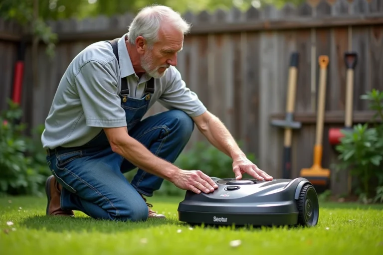 Homme d'âge moyen réglant un robot tondeuse dans le jardin
