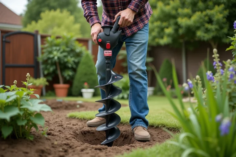 Homme d'âge moyen utilisant un tarière thermique dans un jardin bien entretenu