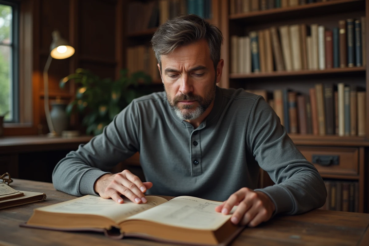 Homme d'âge moyen consultant un registre généalogique ancien dans une bibliothèque familiale, recherche des racines et de l'histoire familiale