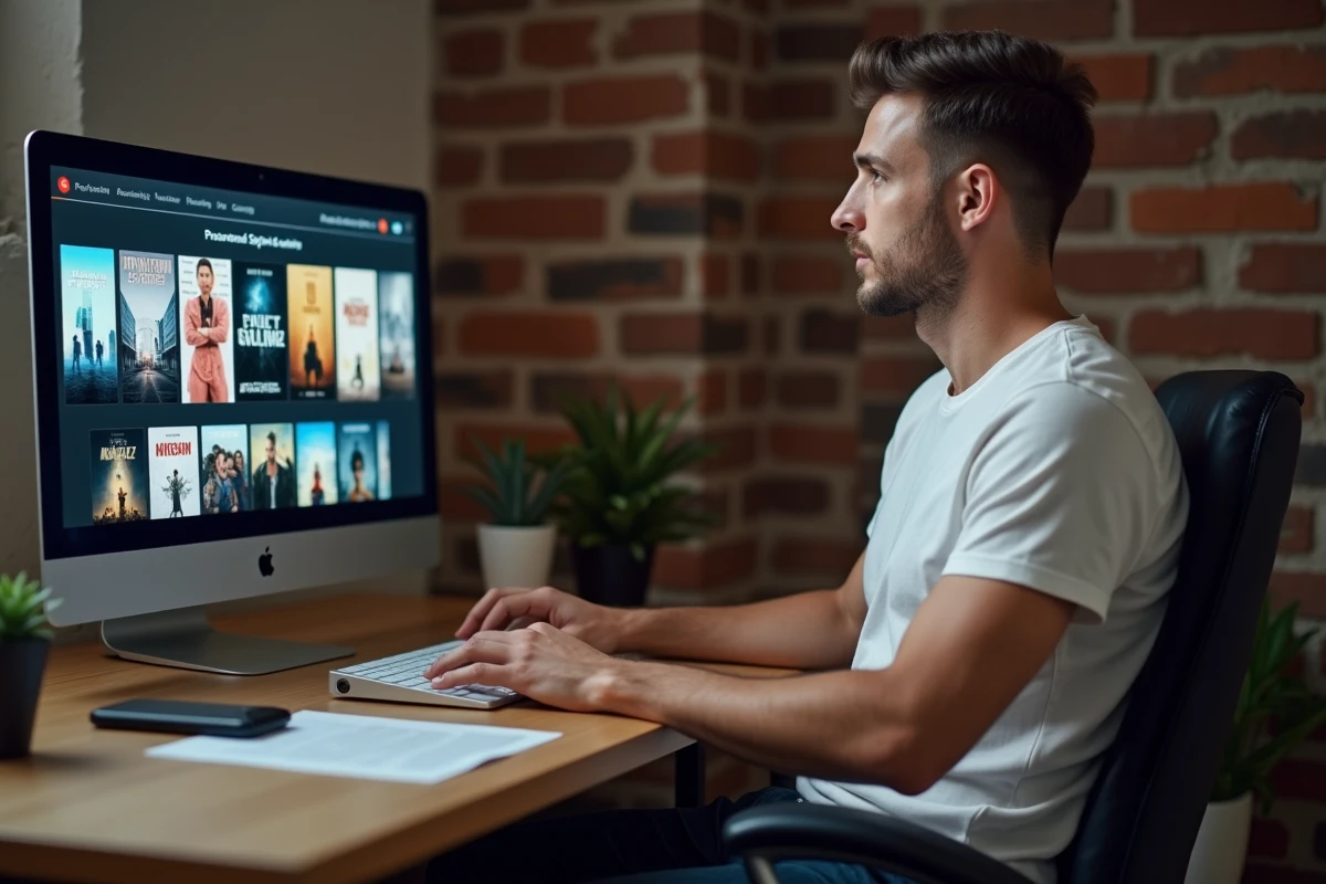 Homme utilisant un site de streaming gratuit sur ordinateur portable dans un bureau minimaliste