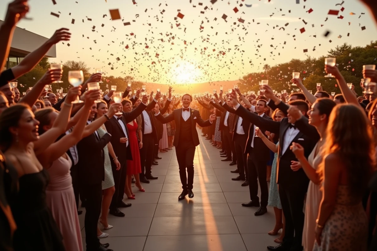 Grande foule d'invités en tenue formelle levant leurs verres et dansant ensemble sous des confettis sur une terrasse au coucher du soleil