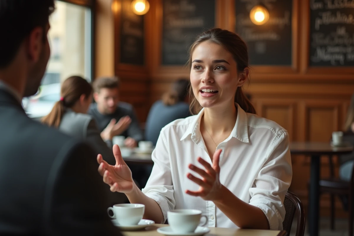 Jeune femme s'exprimant avec animation lors d'une interview dans un café parisien, en lien avec les révélations sur sa vie amoureuse télévisée