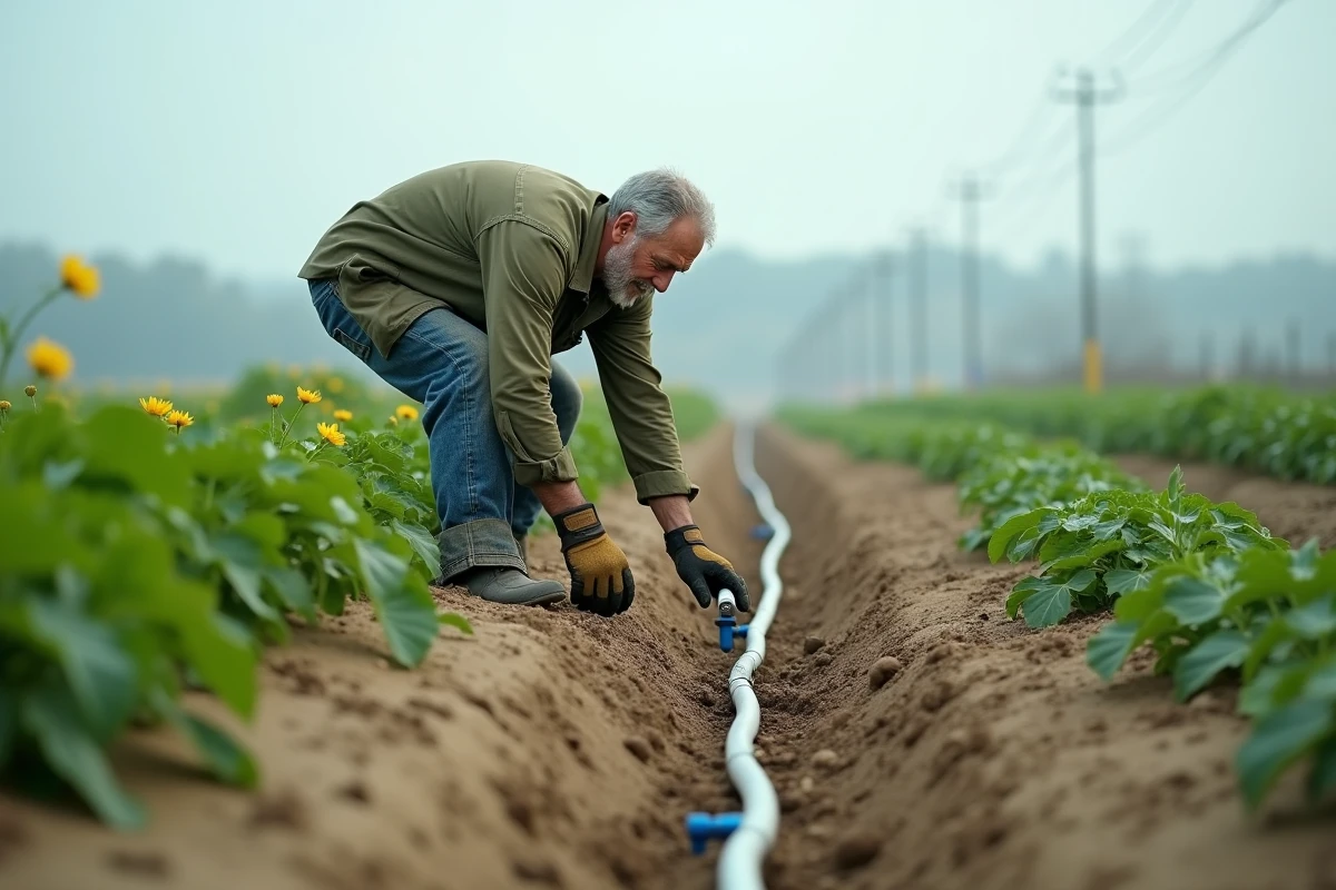 Agriculteur réglant un système d'irrigation goutte-à-goutte entre les rangs de pommes de terre en plein champ