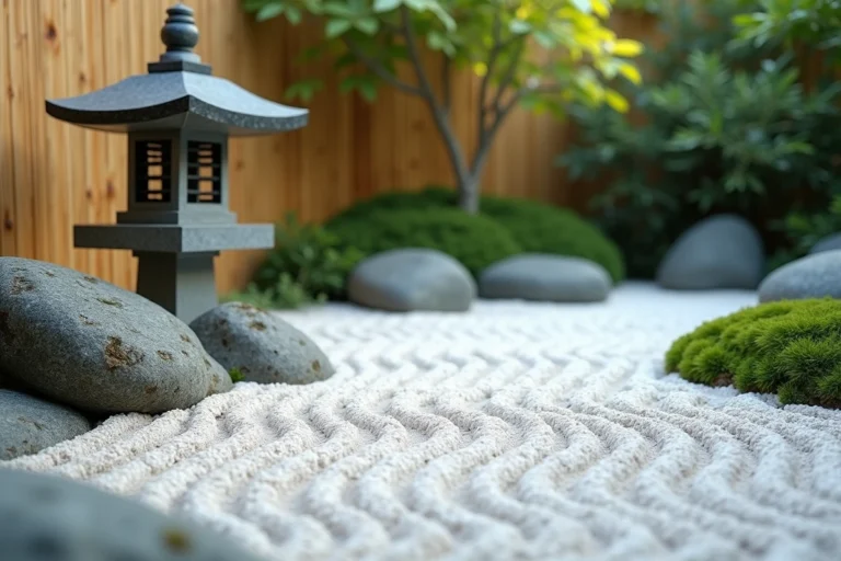 Jardin zen japonais avec gravier ratissé, pierres naturelles et lanterne en granit dans un espace extérieur urbain apaisantb