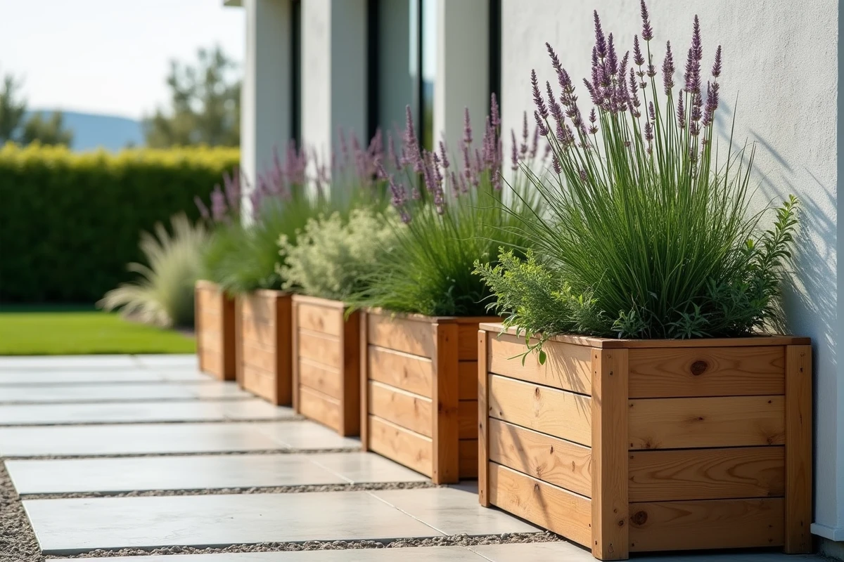 Jardinières surélevées en bois structurant une terrasse sans mur avec plantes ornementales