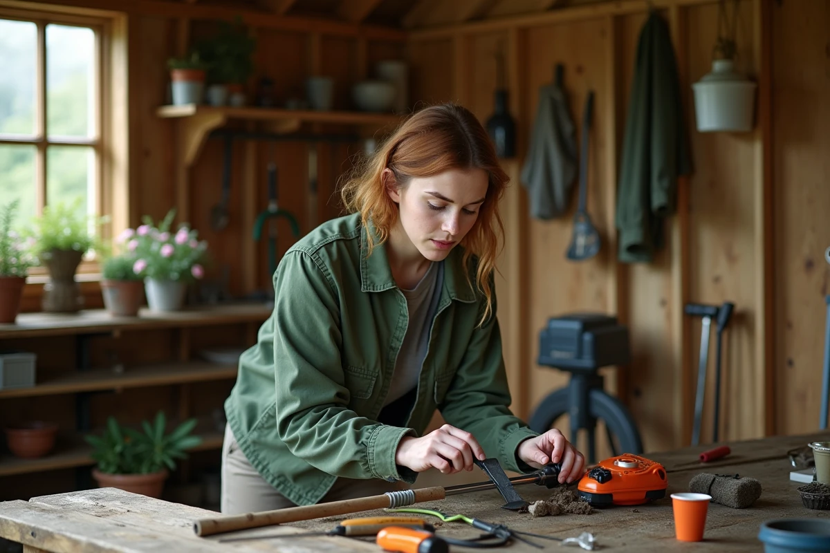 Jeune femme en vêtements de jardinage assemblant un tarière dans un atelier
