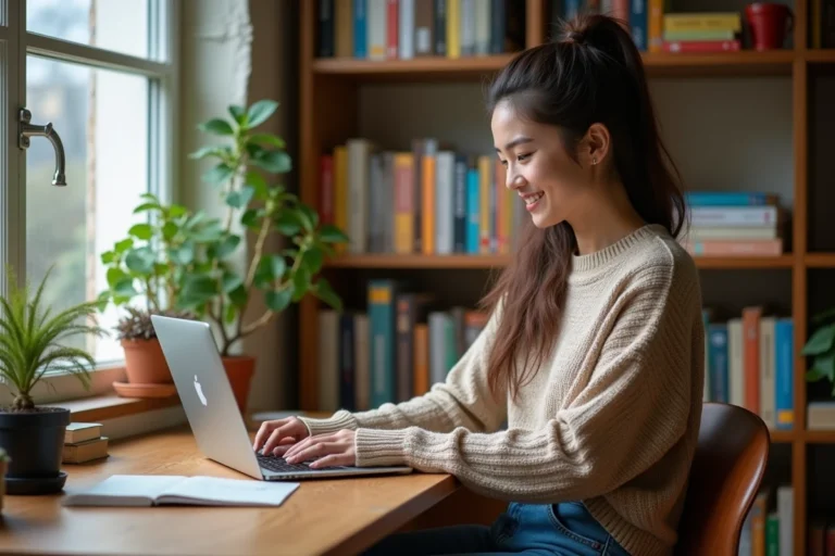 Jeune femme souriante lisant un ebook dans un bureau cosy