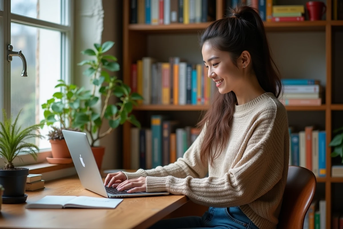 Jeune femme souriante lisant un ebook dans un bureau cosy