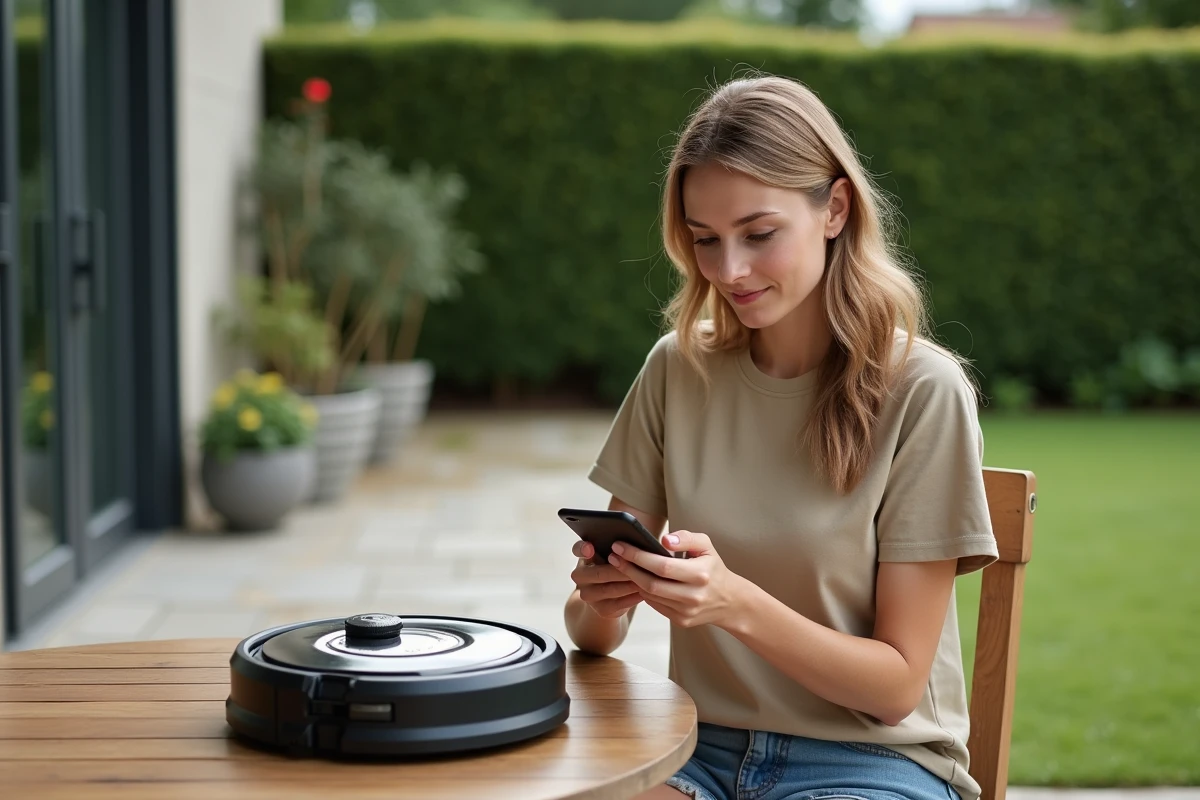 Jeune femme utilisant son smartphone pour réinitialiser la tondeuse