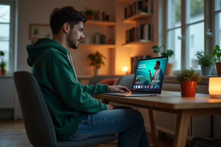 Jeune homme en hoodie vert utilisant son ordinateur portable
