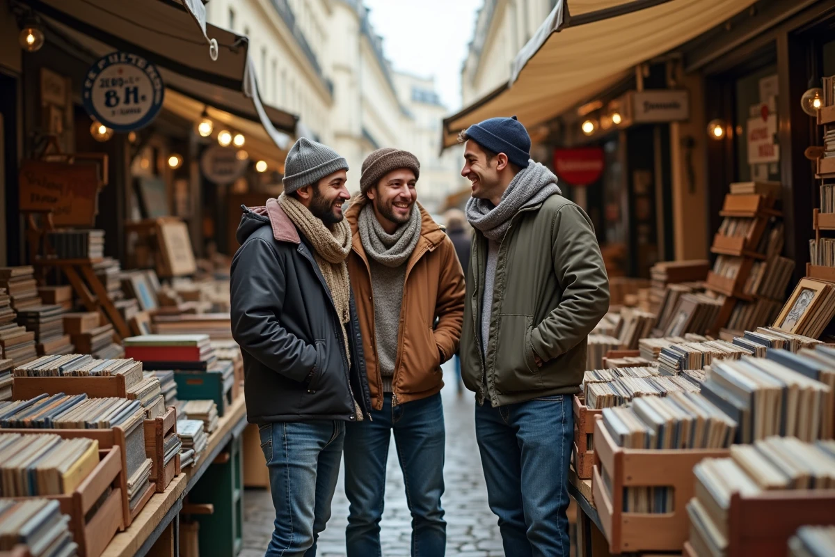 Groupe d'amis chinant des vinyles et livres anciens dans un marché aux puces parisien animé
