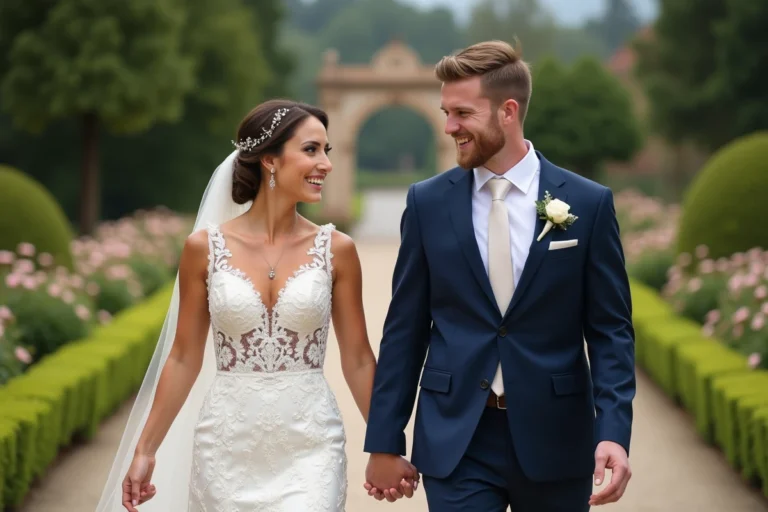 Jeune couple de mariés dans un jardin lors d'un mariage
