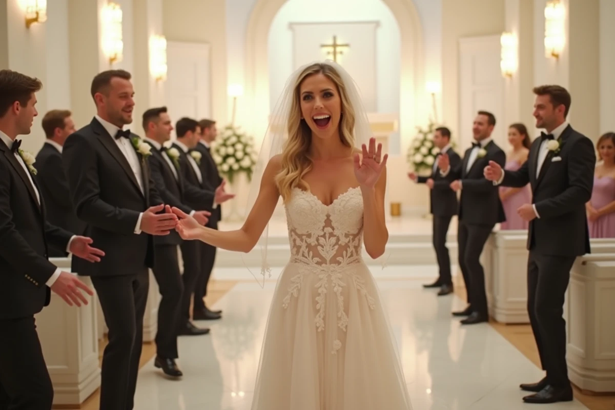 Le marié et ses garçons d'honneur surprennent la mariée avec une chorégraphie dans l'allée de la chapelle lors d'un flashmob