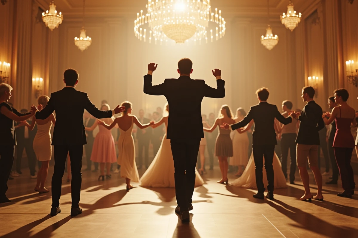 Chorégraphe dirigeant un grand groupe d'invités de mariage dans un medley mashup de styles de danse variés lors d'un flashmob