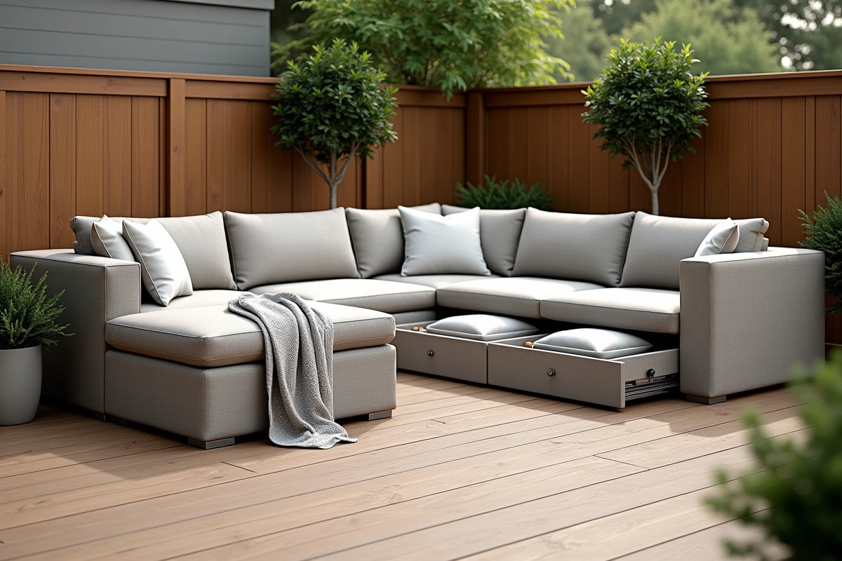 Mobilier de jardin modulable avec rangement intégré dans la base sur une terrasse en bois composite