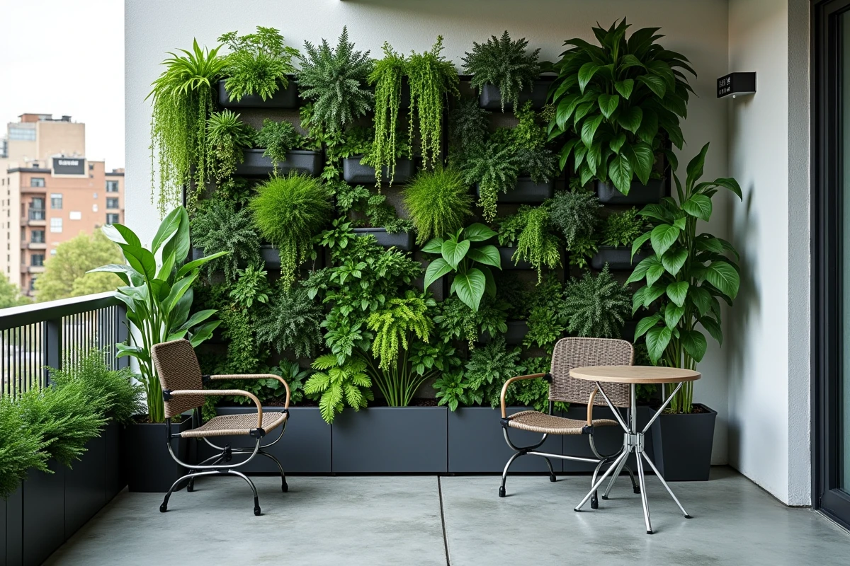 Mur végétal vertical dense avec fougères, succulentes et herbes aromatiques sur un petit balcon urbain