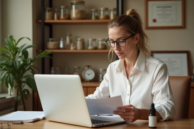 Naturopathe femme dans son cabinet privé consultant des documents de rémunération et de tarification de consultations