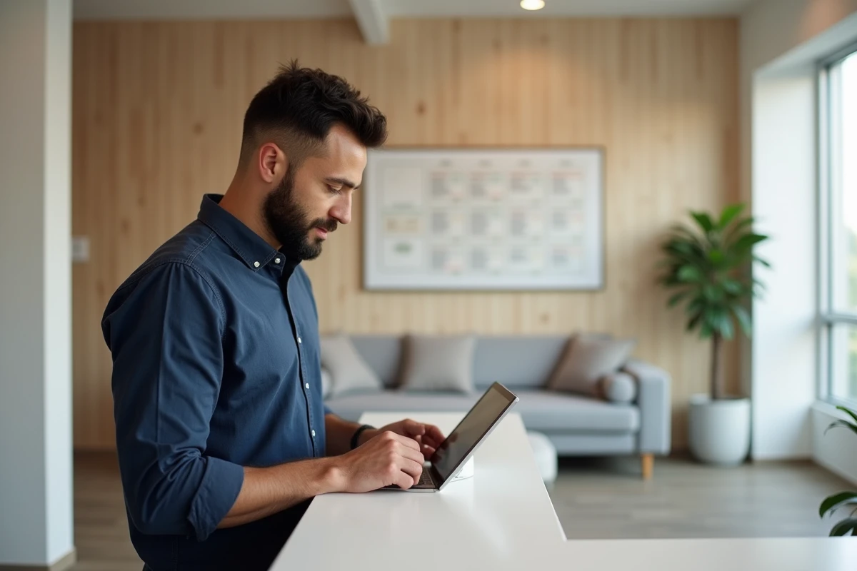 Naturopathe homme dans un centre de bien-être consultant une application de facturation et de gestion de rendez-vous