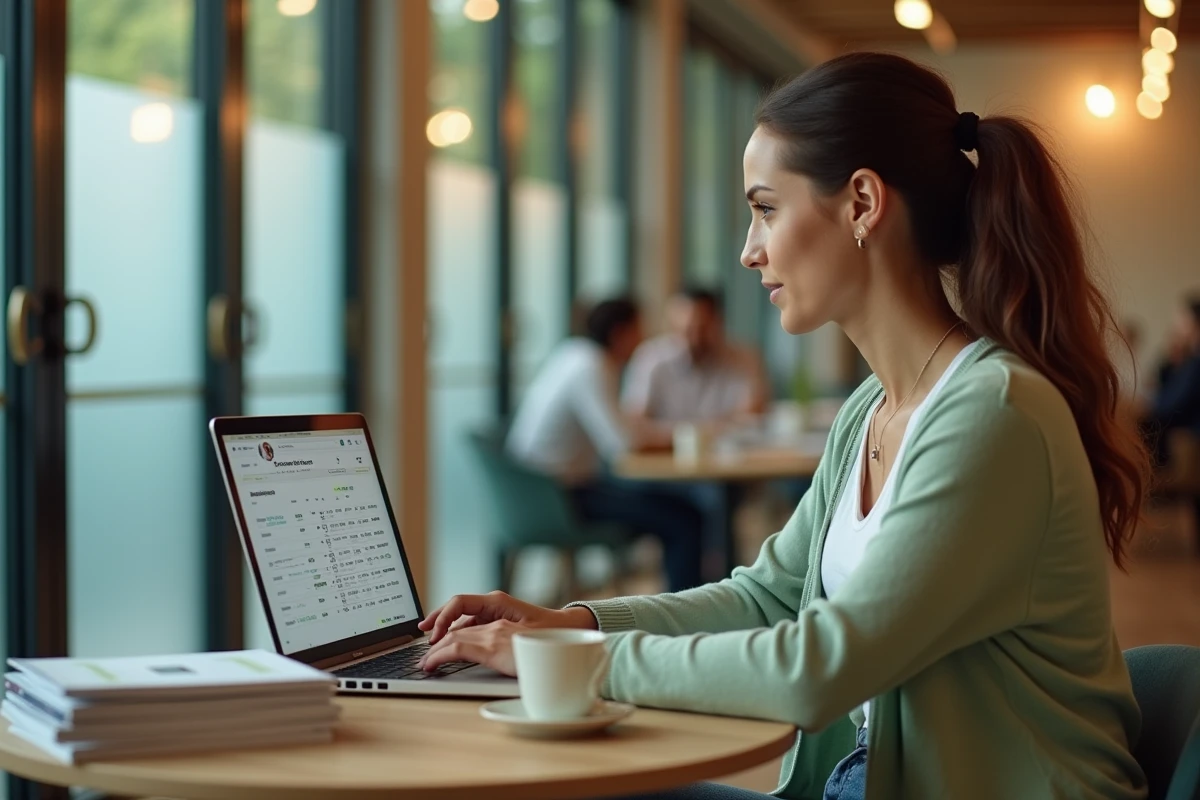 Naturopathe indépendante analysant ses revenus et son chiffre d'affaires sur un ordinateur portable dans un espace de coworking