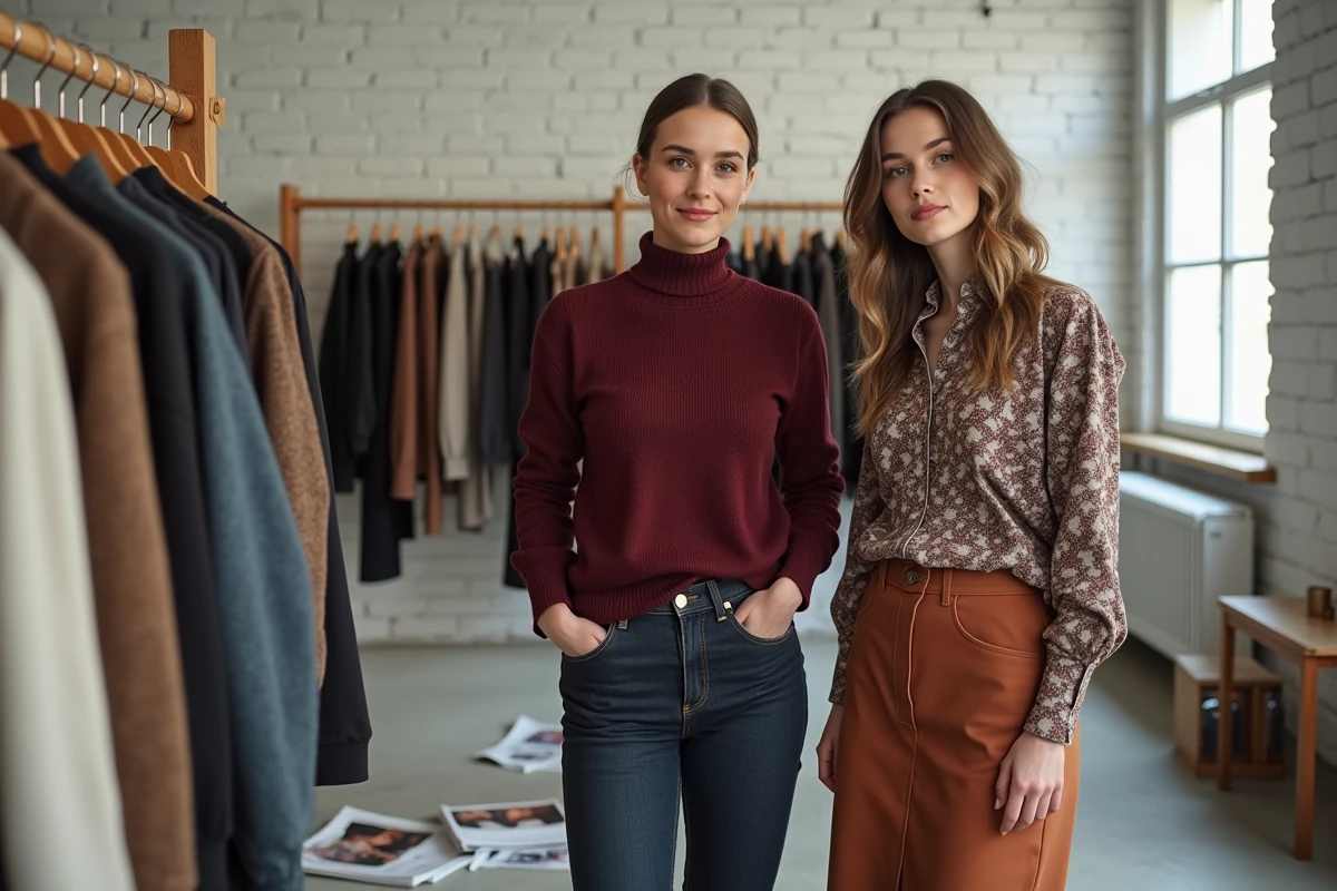 Deux femmes élégantes découvrant de nouvelles tendances mode dans un studio éditorial avec mur en briques blanches et portant des pièces automnales