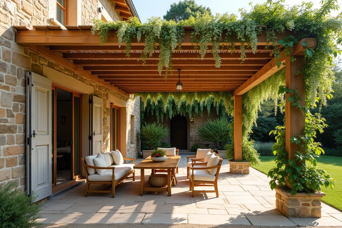 Pergola adossée en bois avec glycine grimpante ombrageant une terrasse en pierre dallée