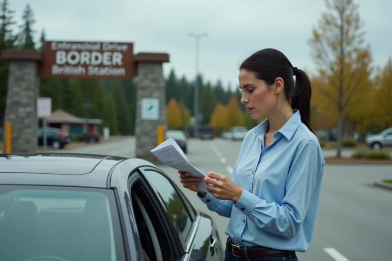 Femme tenant un permis de conduire international et un passeport devant une voiture de location à un poste frontière canadien en automne