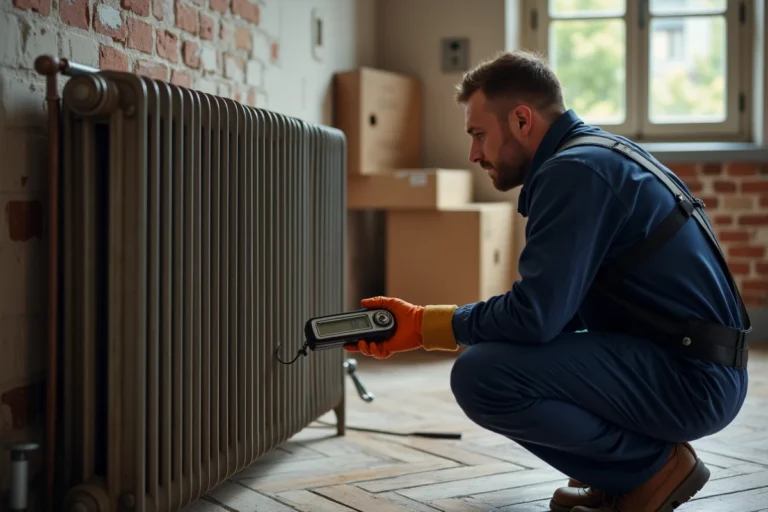 Plombier mesurant le poids d'un radiateur en fonte avec une balance numérique dans un appartement en rénovation
