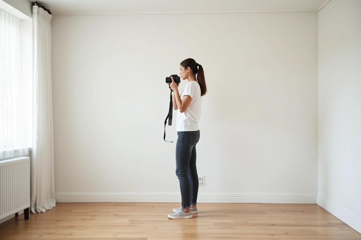 Femme photographiant une pièce vide avec un éclairage neutre pour préparer un rendu de simulation fiable